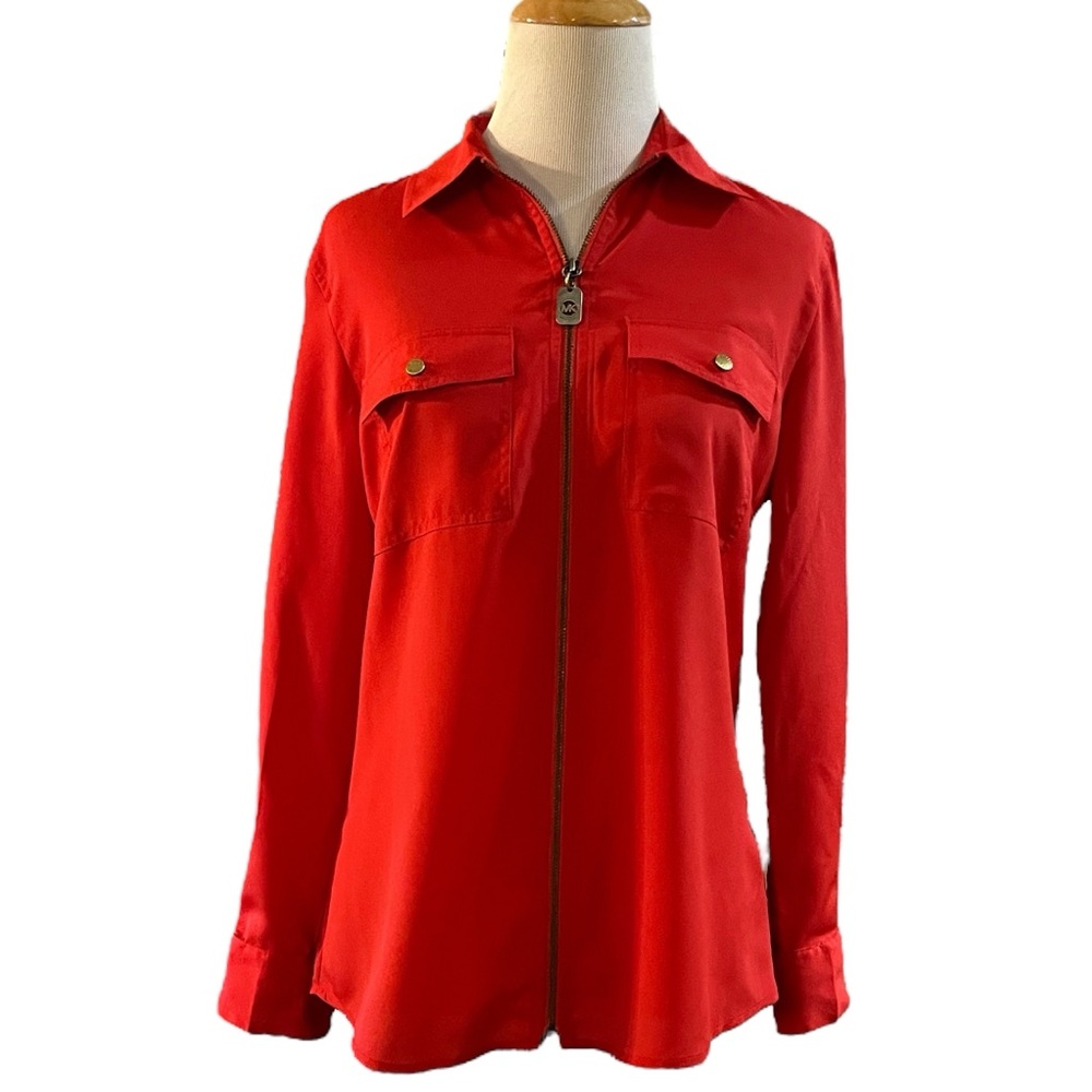 MICHAEL MICHAEL KORS ZIPPERED FRONT LONG SLEEVE BLOUSE RED SIZE SMALL
